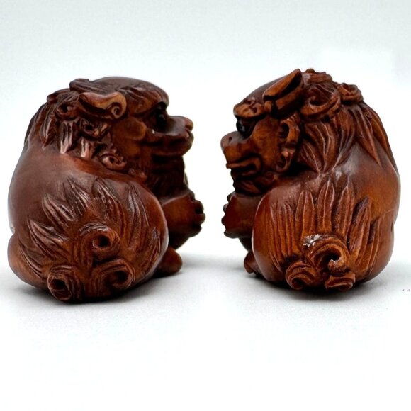 Ojime Netsuke 2 Foo Dog Lion Figurines Hand-Carved Boxwood Signed No Hole #3 - Picture 5 of 10